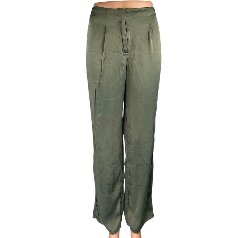 Zara Gray Silky Satin High Waist Pleated Straight Wide Leg Trousers Pants Sz XS